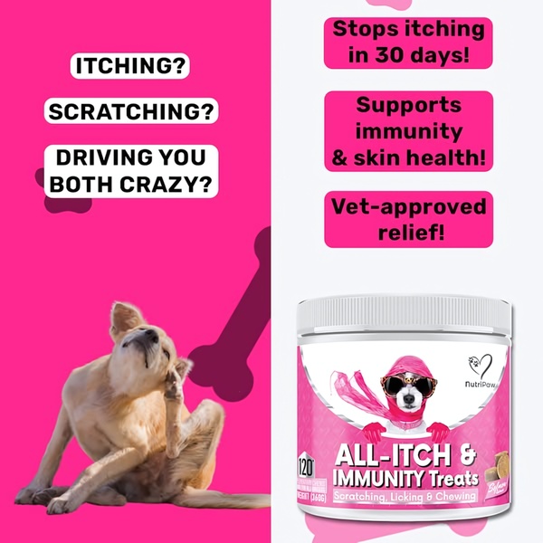 A split-screen graphic comparing a scratching dog on a pink background with a product shot of immunity treats on a white background, using bold text to highlight benefits.